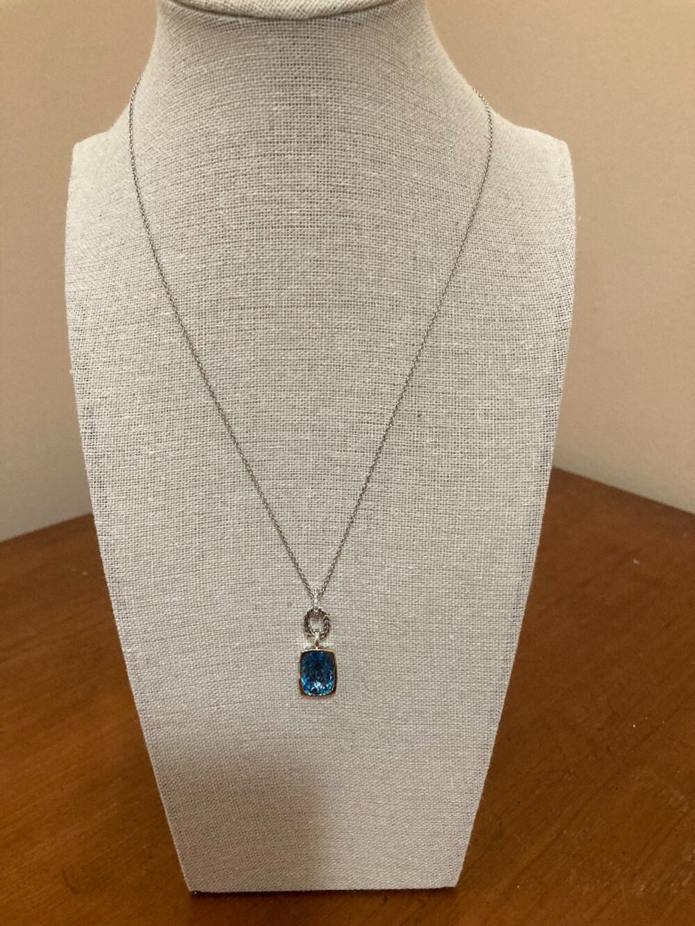 Sterling Silver 14K Yellow Gold Blue Topaz Diamond Pendant